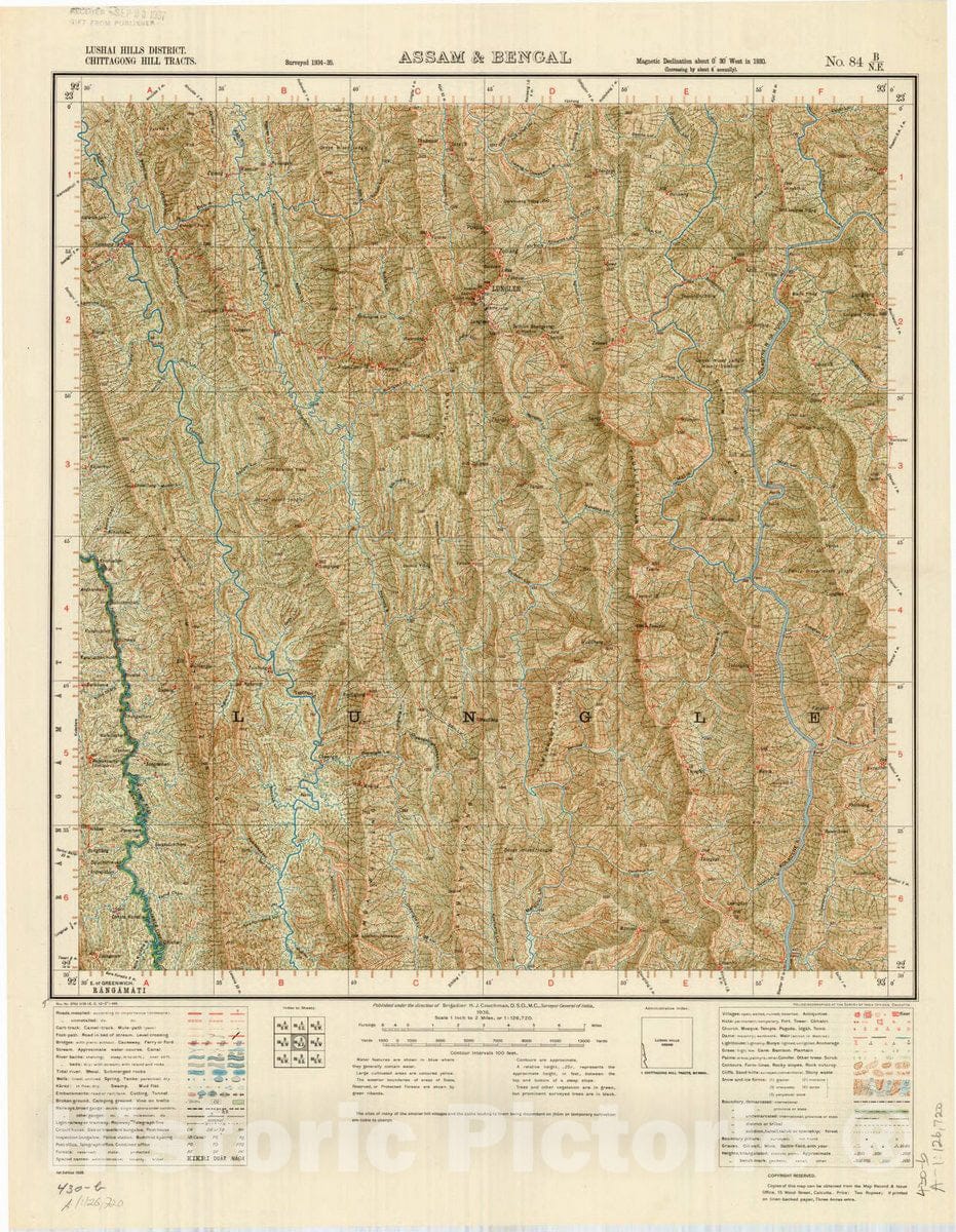 Map : Lushai Hills District, Chittagong Hll Tracts, Assam & Bengal No. 84 B/N.E. 1936, India and adjacent countries, Antique Vintage Reproduction