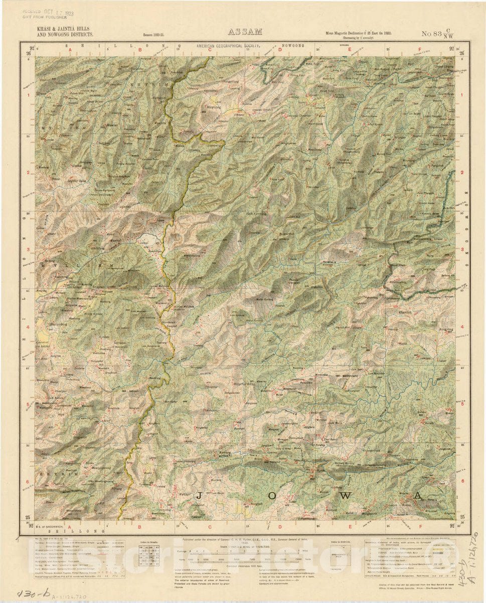 Map : Khasi & Jaintia Hills and Nowgong Districts, Assam No. 83 C/N.W. 1922, India and adjacent countries, Antique Vintage Reproduction