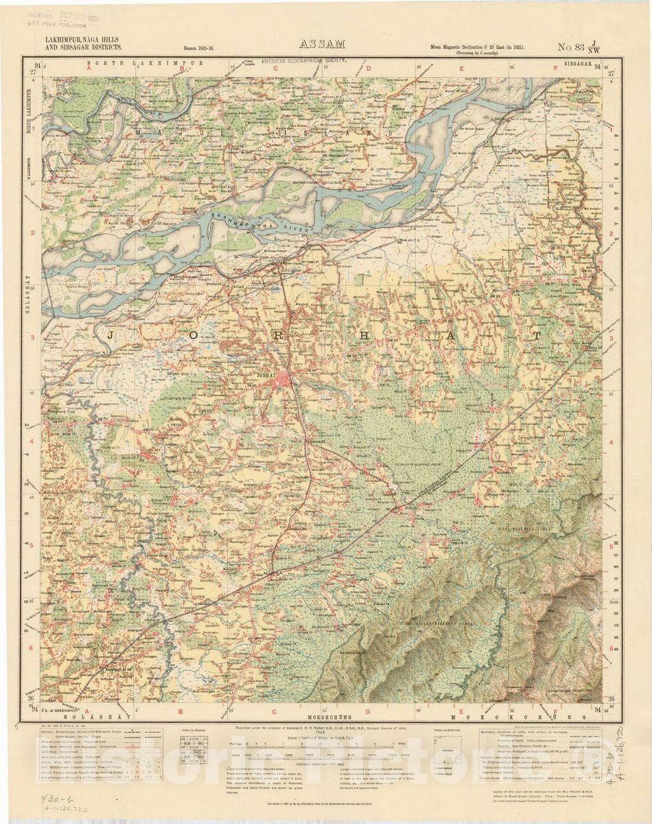 Map : Lakhimpur, Naga Hills and Sibsagar Districts, Assam, No. 83 J/N.W. 1922, India and adjacent countries, Antique Vintage Reproduction