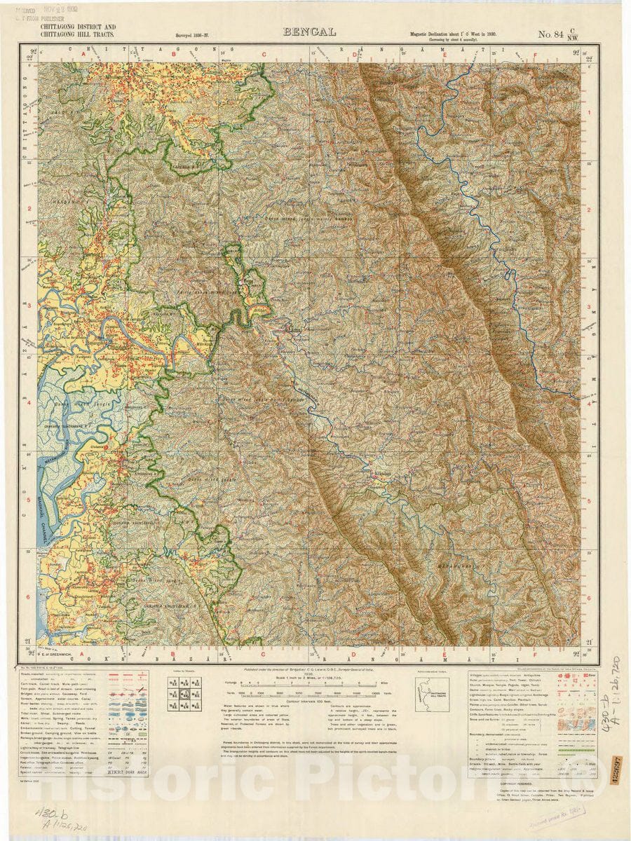 Map : Chittagong District and Chittagong Hill Tracts, Bengal No. 84 C/N.W. 1938, India and adjacent countries, Antique Vintage Reproduction