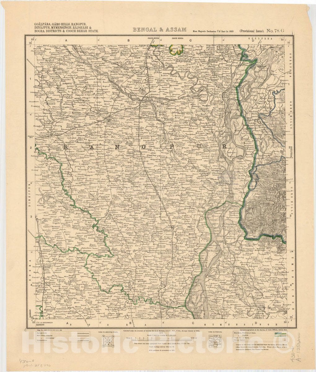 Map : Goalpara, Garo Hills, Rangpur, Dinajpur, Mymensingh, Rajshahi & Bogra Districts & Cooch Behar State, Bengal & Assam, No. 78 G 1934, India 1:253,440