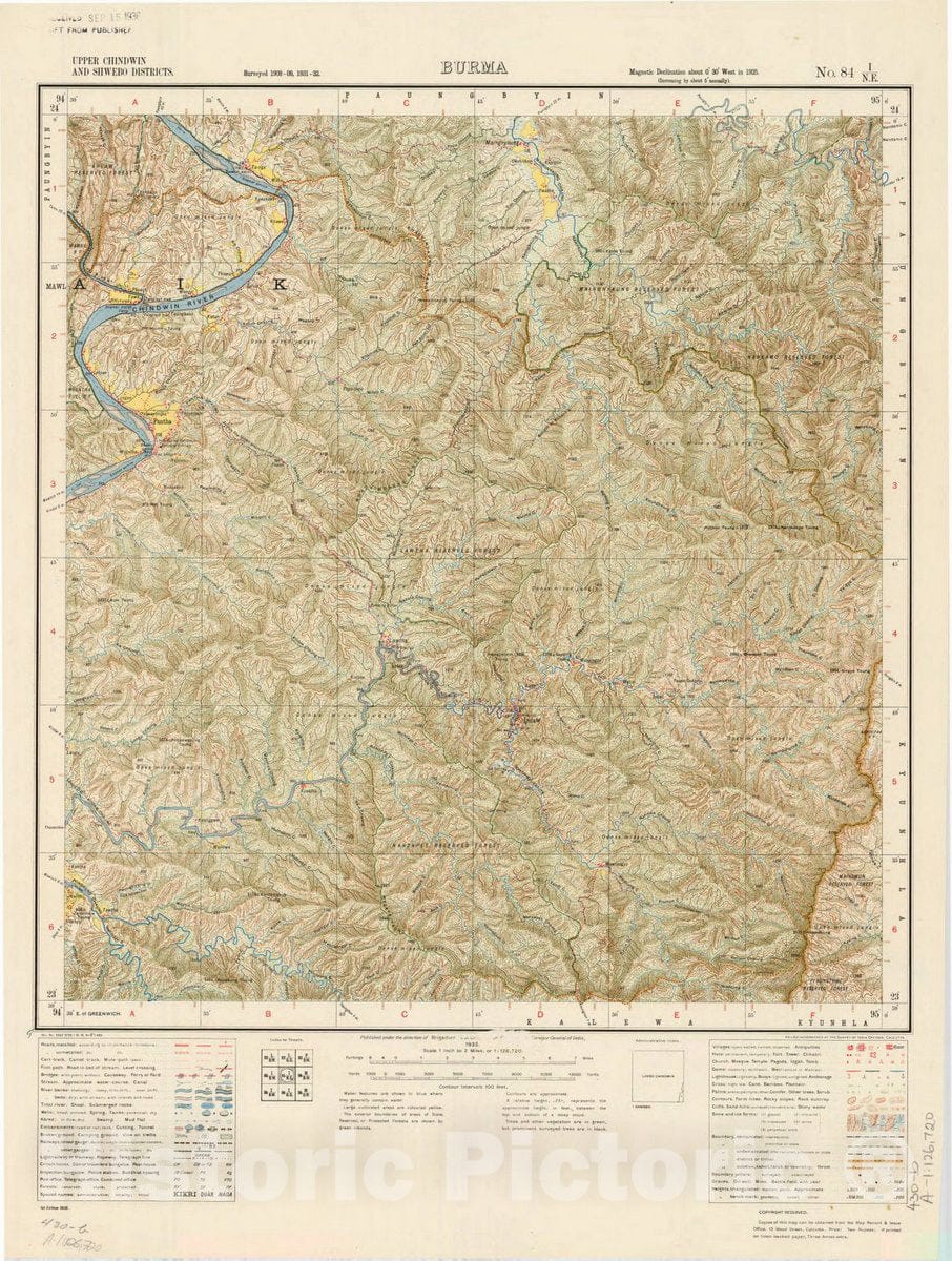 Map : Upper Chindwin and Shwebo Districts, Burma, No. 84 I/N.E. 1935, India and adjacent countries, Antique Vintage Reproduction