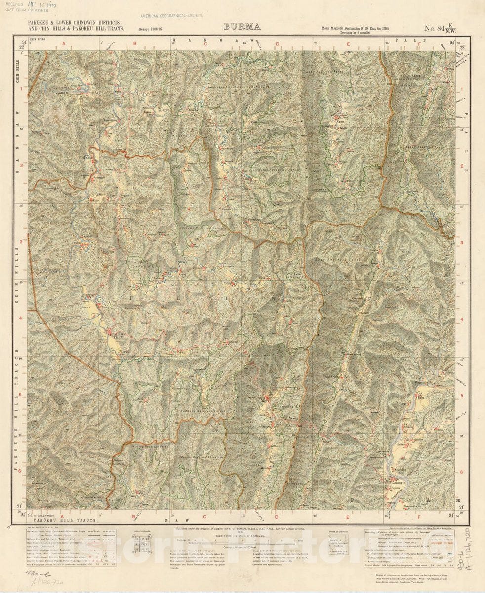 Map : Pakokku & Lower Chindwin Districts and Chin Hills & Pakokku Hiss tracts, Burma, No. 84 K/N.W. 1917, India and adjacent countries, Antique Vintage Reproduction