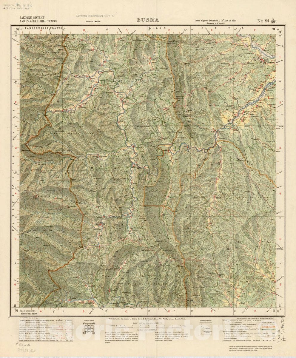 Map : Pakokku District and Pakokku Hill Tracts, Burma, No. 84 K/S.W. 1918, India and adjacent countries, Antique Vintage Reproduction