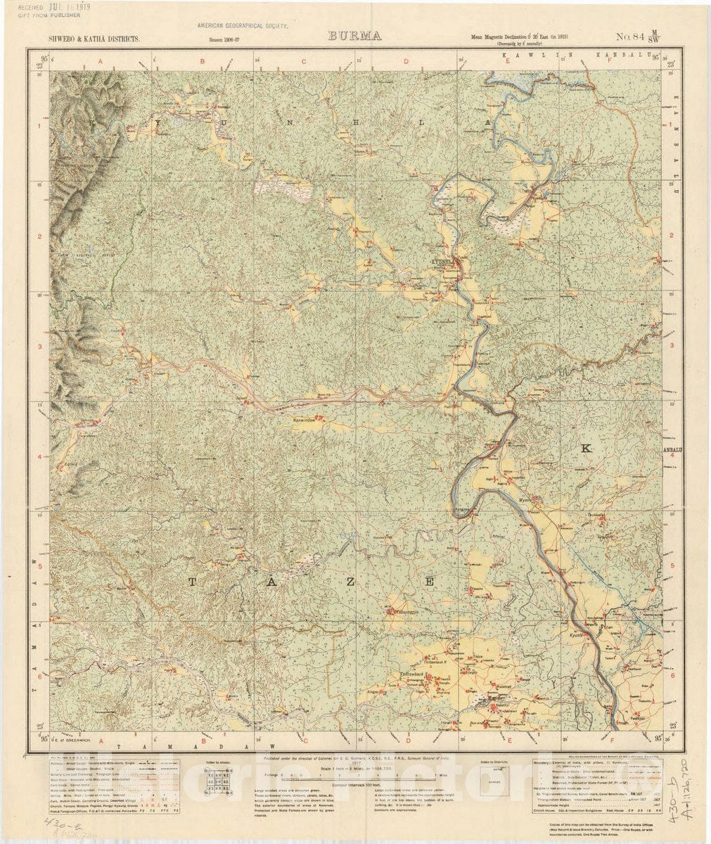 Map : Shwebo & Katha Districts, Burma, No. 84 M/S.W. 1917, India and adjacent countries, Antique Vintage Reproduction