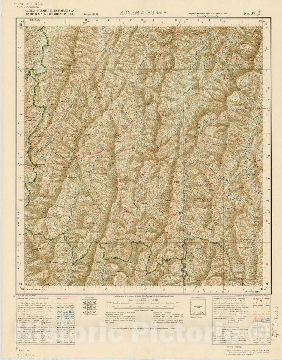 Historic Map : Cachar & Lushai Hills Districts and Manipur State, Chin Hills District, Assam & Burma, No. 83 H/S.W. 1933, India and adjacent countries, Antique Vintage Reproduction