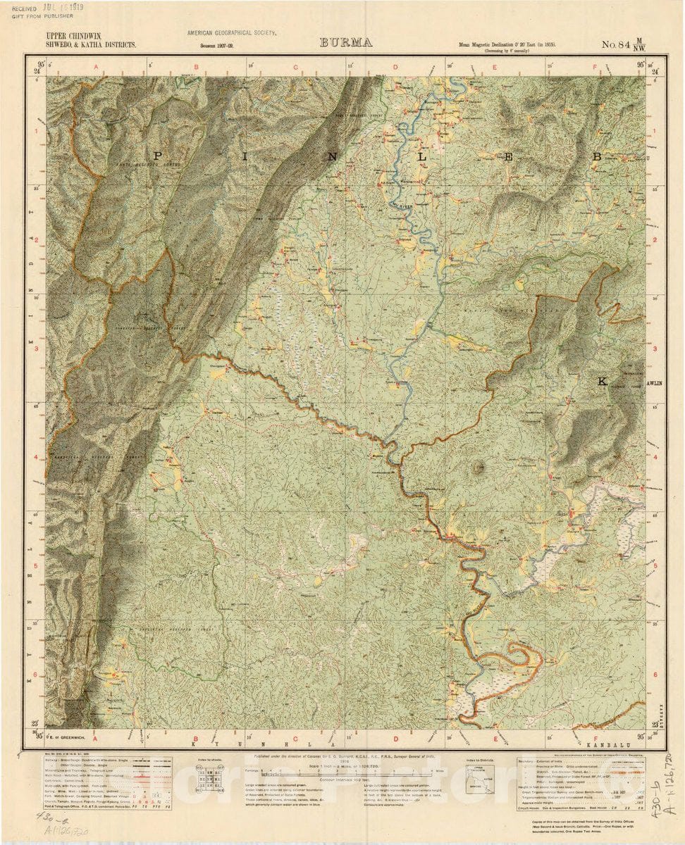 Map : Upper Chindwin, Shwebo & Katha Districts, Burma, No. 84 M/N.W. 1918, India and adjacent countries, Antique Vintage Reproduction