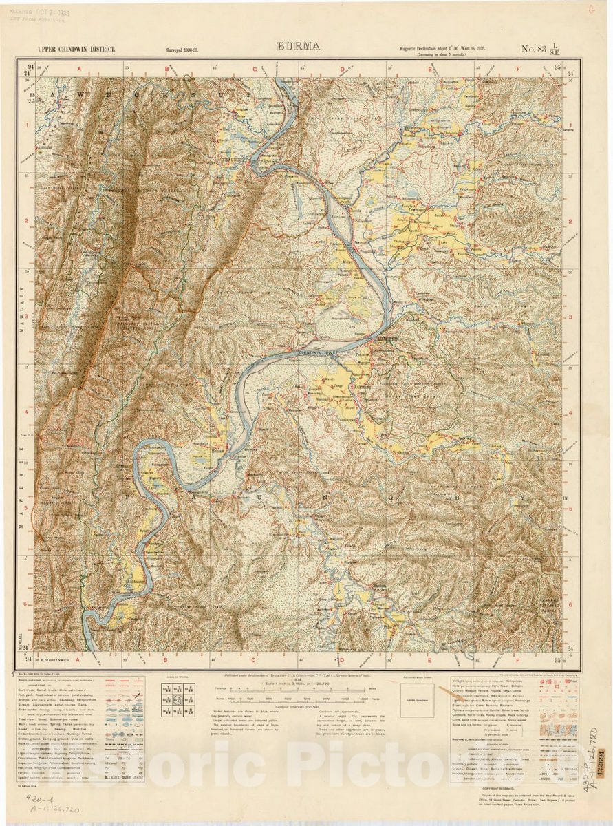 Map : Upper Chindwin District, Burma, No. 83 L/S.E. 1934 1, India and adjacent countries, Antique Vintage Reproduction