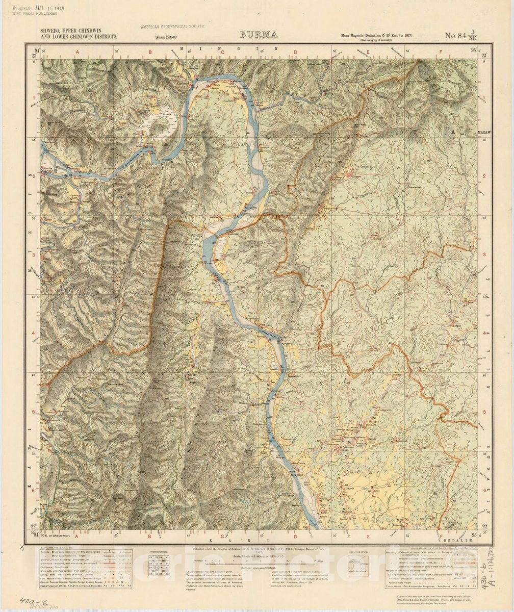 Map : Shwebo, Upper Chindwin and Lower Chindwin Districts, Burma, No. 84 J/N.E. 1917, India and adjacent countries, Antique Vintage Reproduction