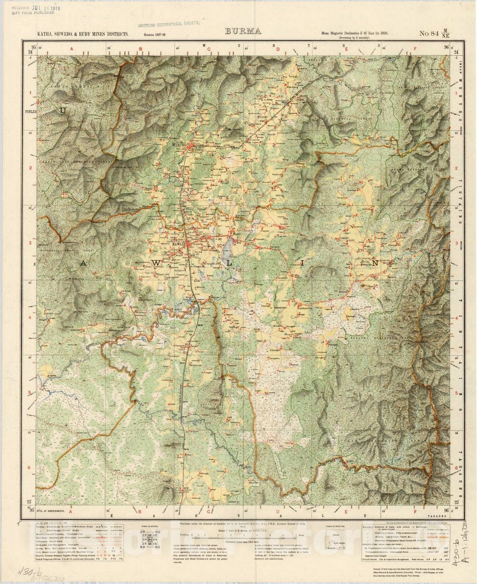 Map : Katha, Shwebo & Ruby Mines Districts, Burma, No. 84 M/N.E. 1917, India and adjacent countries, Antique Vintage Reproduction