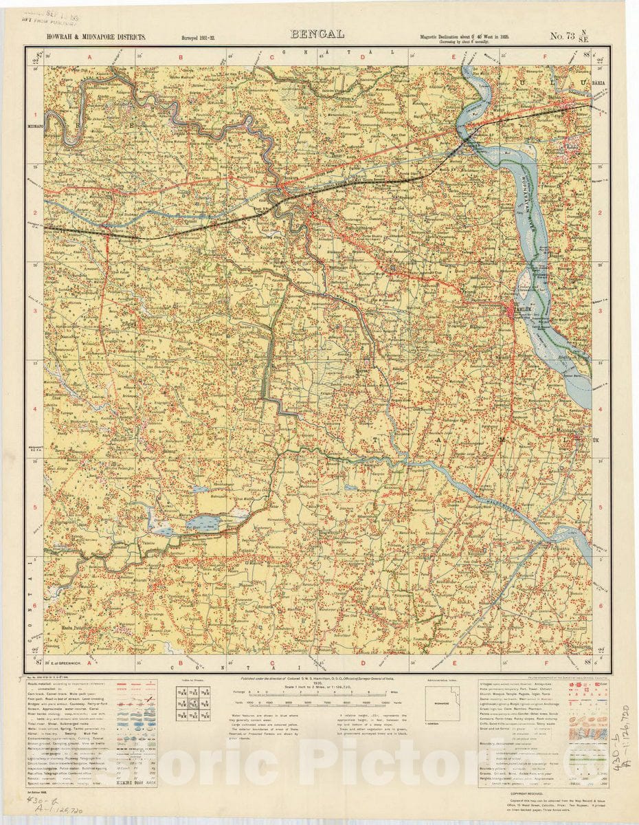 Map : Howrah & Midnapore District, Bengal, No. 73 N/S.E. 1935, India and adjacent countries, Antique Vintage Reproduction