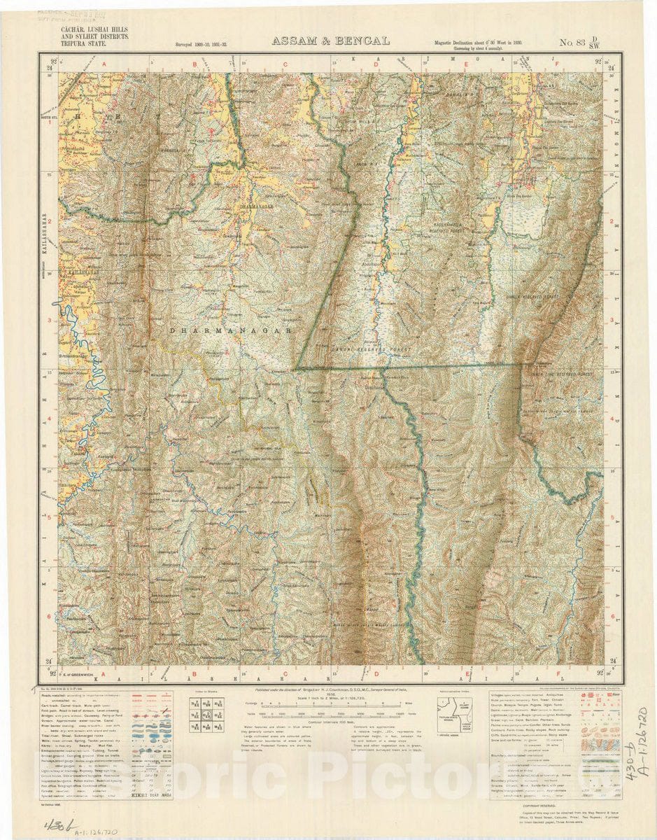 Map : Cachar, Lushair Hills and Sylhet Districts, Tripura State, Assam & Bengal, No. 83 D/S.W. 1936, India and adjacent countries, Antique Vintage Reproduction