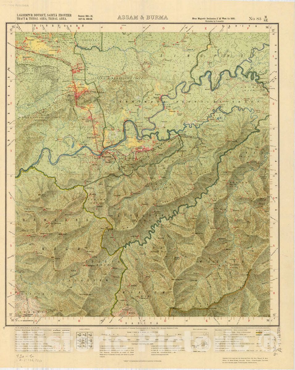 Historic Map : Lakhimpur District, Sadiya Frontier Tract & Tribal area, Tribal area, Assam & Burma, No. 83 M/S.E. 1927, India and adjacent countries, Antique Vintage Reproduction