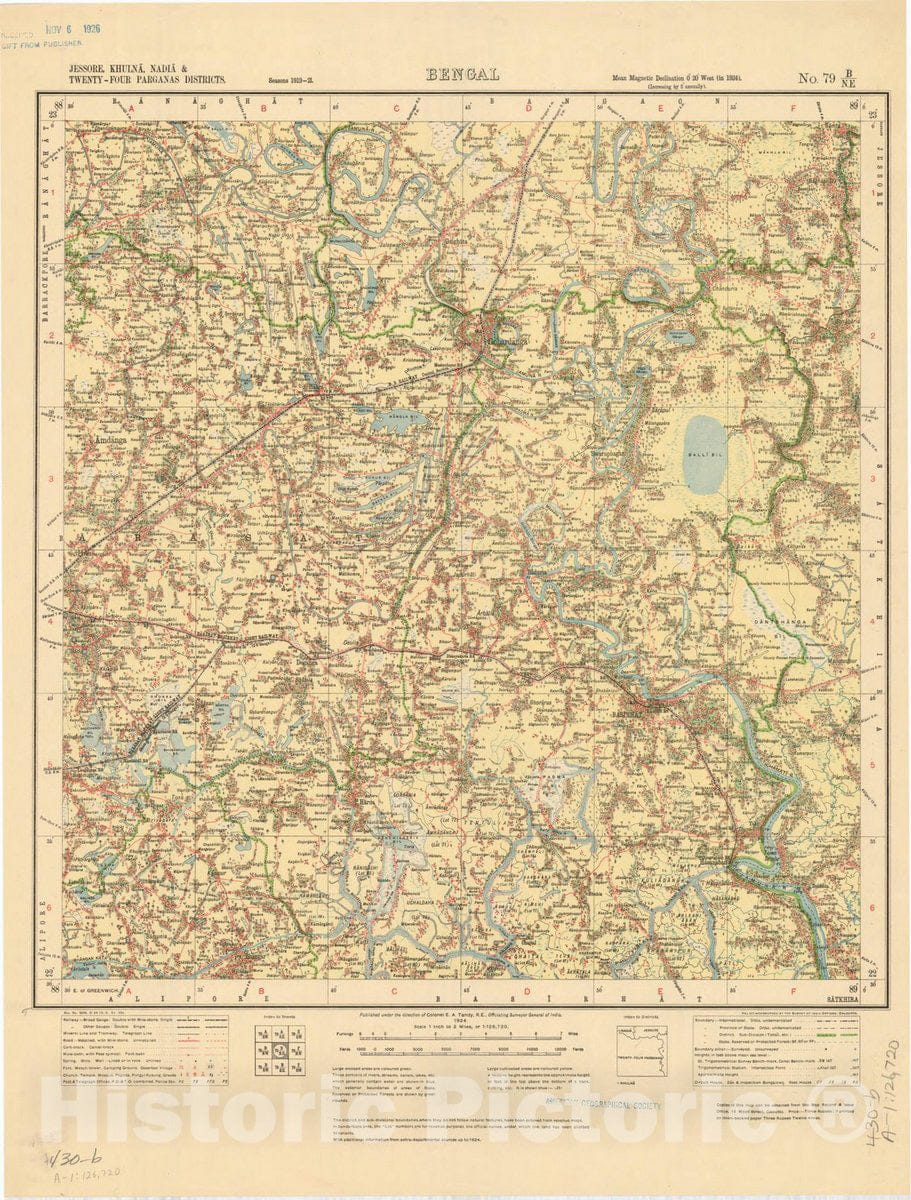 Map : Jessore, Khulna, Nadia & Twenty-Four Parganas Districts, Bengal, No. 79 B/N.E. 1924, India and adjacent countries, Antique Vintage Reproduction