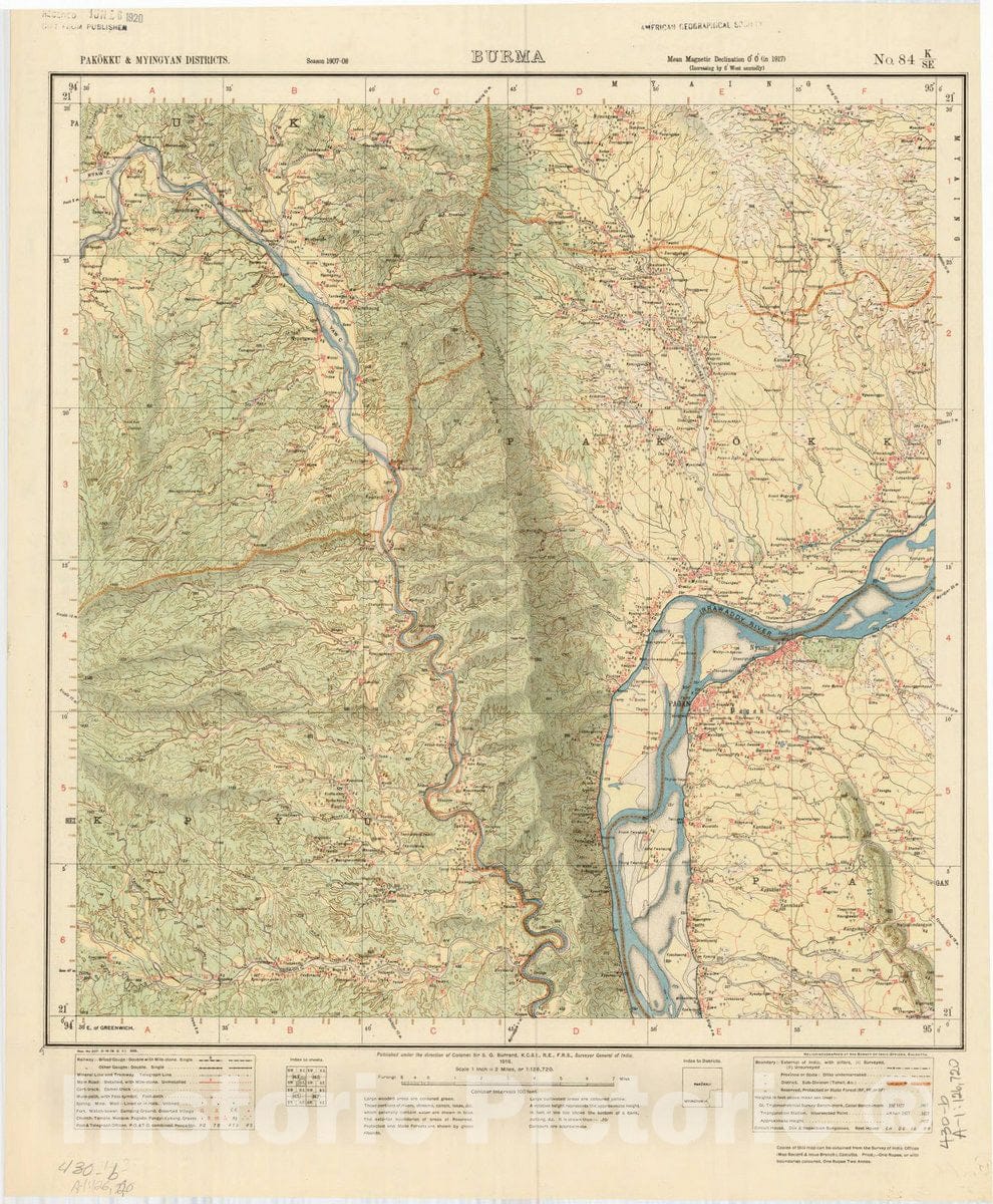 Map : Pakokku & Myingyan Districts, Burma, No. 84 K/S.E. 1918, India and adjacent countries, Antique Vintage Reproduction