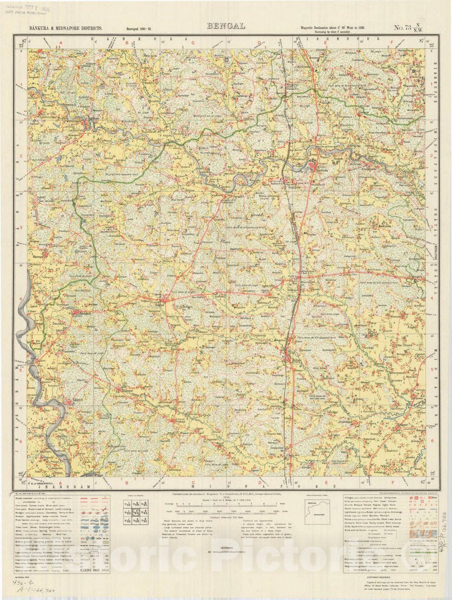 Map : Bankura & Midnapore Districts, Bengal, No. 73 N/N.W. 1934, India and adjacent countries, Antique Vintage Reproduction