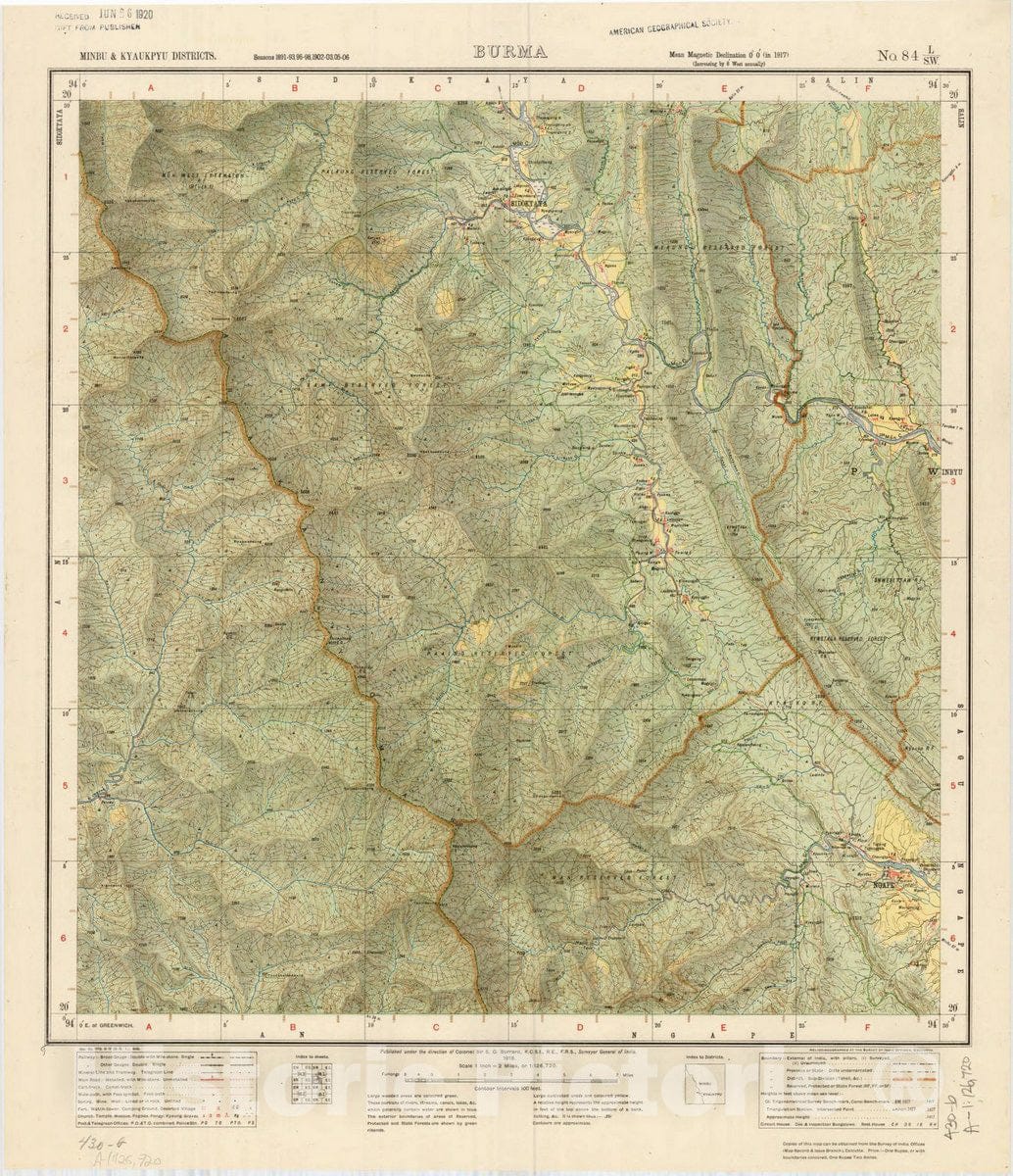 Map : Minbu & Kyaukpyu Districts, Burma, No. 84 L/S.W. 1918, India and adjacent countries, Antique Vintage Reproduction