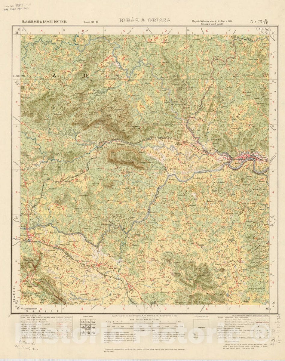 Map : Hazaribagh & Ranchi Districts, Bihar & Orissa, No. 73 E/N.E. 1931, India and adjacent countries, Antique Vintage Reproduction