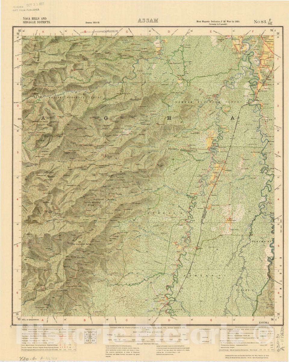 Map : Naga Hills and Sibsagar District, Assam, No. 83 F/S.E. 1921, India and adjacent countries, Antique Vintage Reproduction