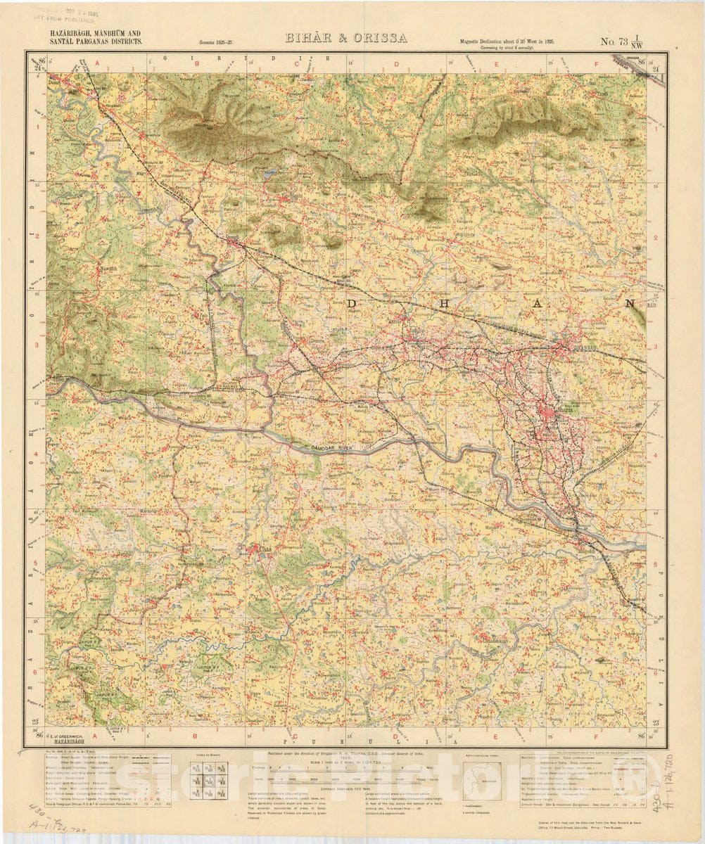 Map : Hazaribagh, Manbhum and Santal Parganas Districts, Bihar & Orissa, No. 73 I/N.W. 1929, India and adjacent countries, Antique Vintage Reproduction