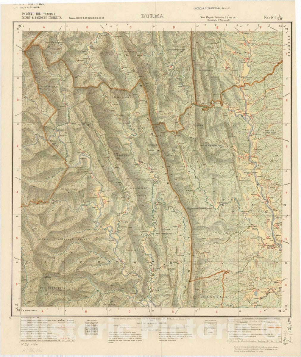 Map : Pakokku HIll Tracts & Minbu & Pakokku Districts, Burma, No. 84 L/N.W. 1918, India and adjacent countries, Antique Vintage Reproduction