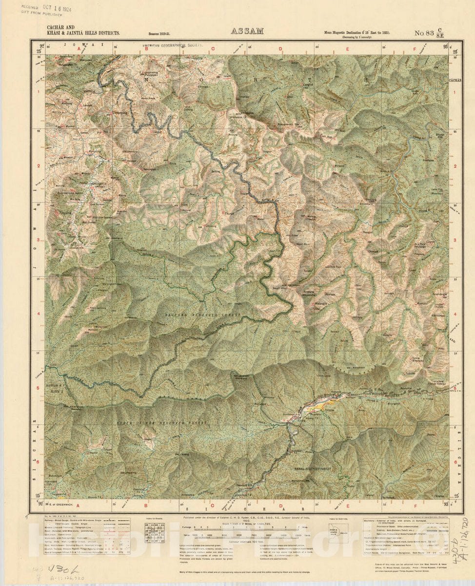 Map : Cachar and Khasi & Jaintia Hills Districts, Assam, No. 83 C/S.E. 1923, India and adjacent countries, Antique Vintage Reproduction