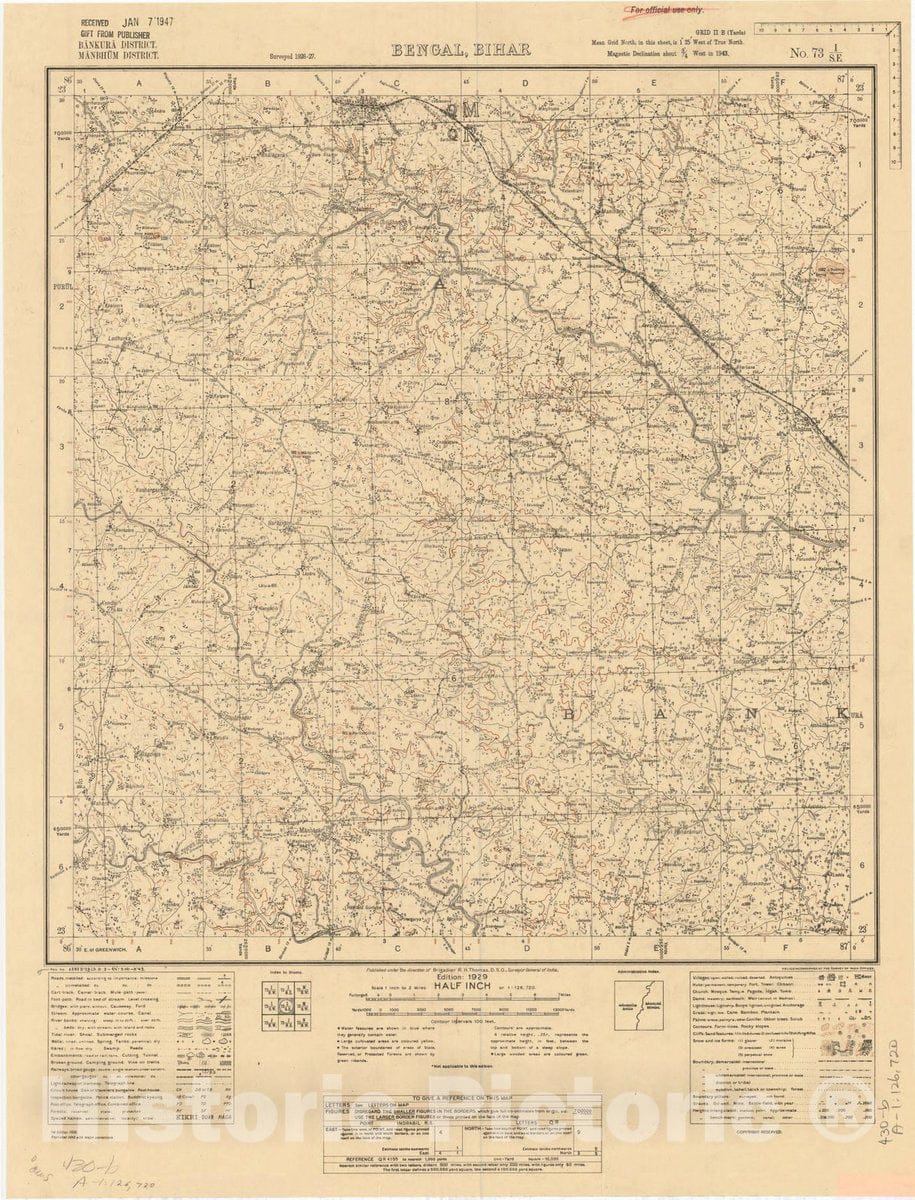 Map : Bankura District, Manbhum District, Bengal, Bihar, No. 73 I/S.E. 1929, India and adjacent countries, Antique Vintage Reproduction