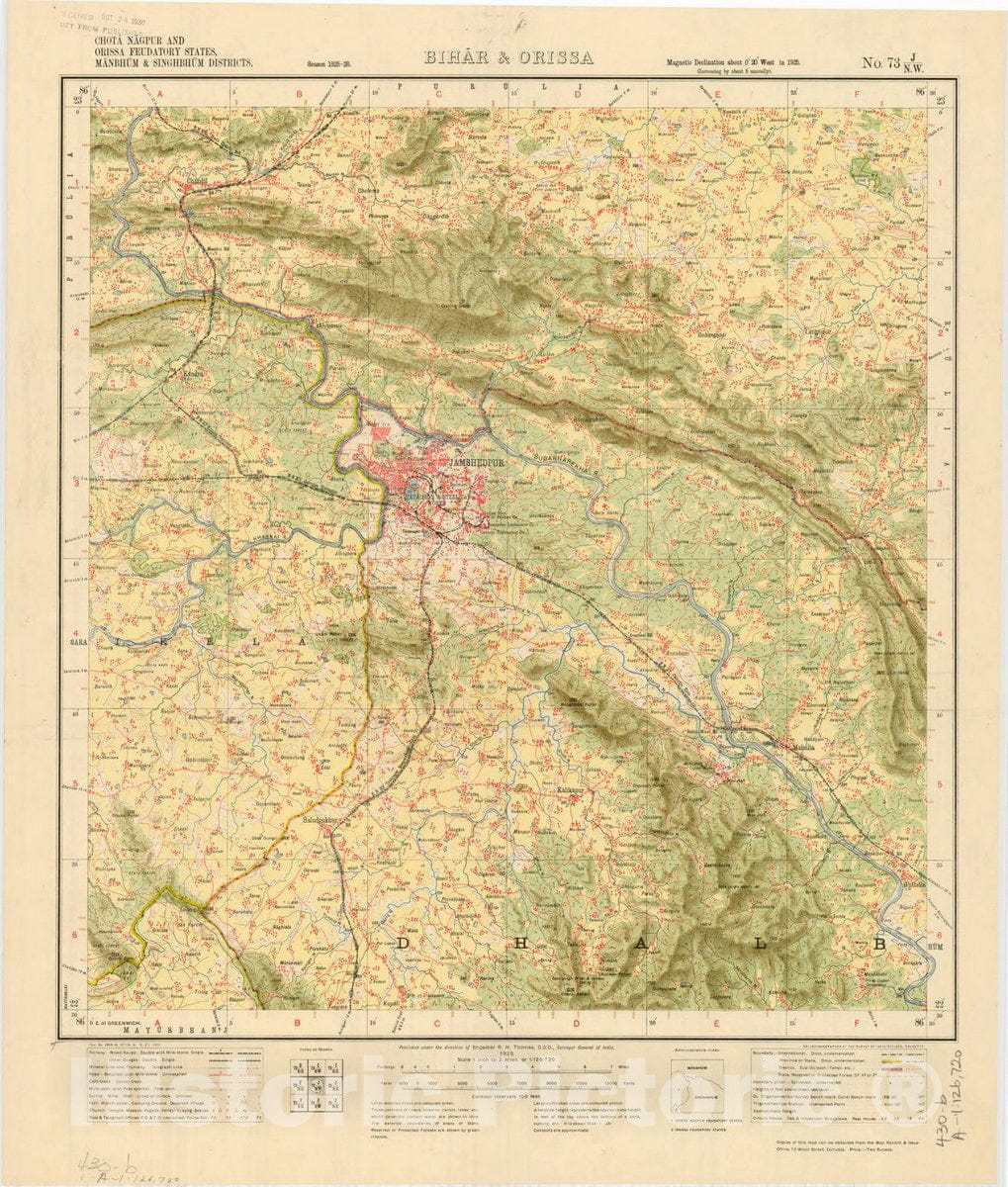 Historic Map : Chota Nagpur and Orissa Feudatory States, Manbhum & Singhbhum Districts, Bihar & Orissa, No. 73 J/N.W. 1929, India and adjacent countries, Antique Vintage Reproduction