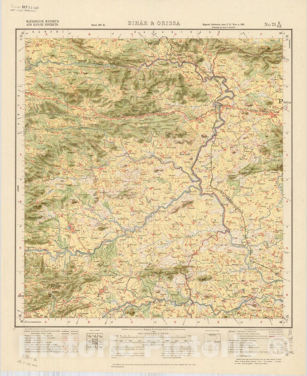 Map : Hazaribagh, Manbhum and Ranchi Districts, Bihar &Orissa, No. 73 E/S.E. 1931, India and adjacent countries, Antique Vintage Reproduction