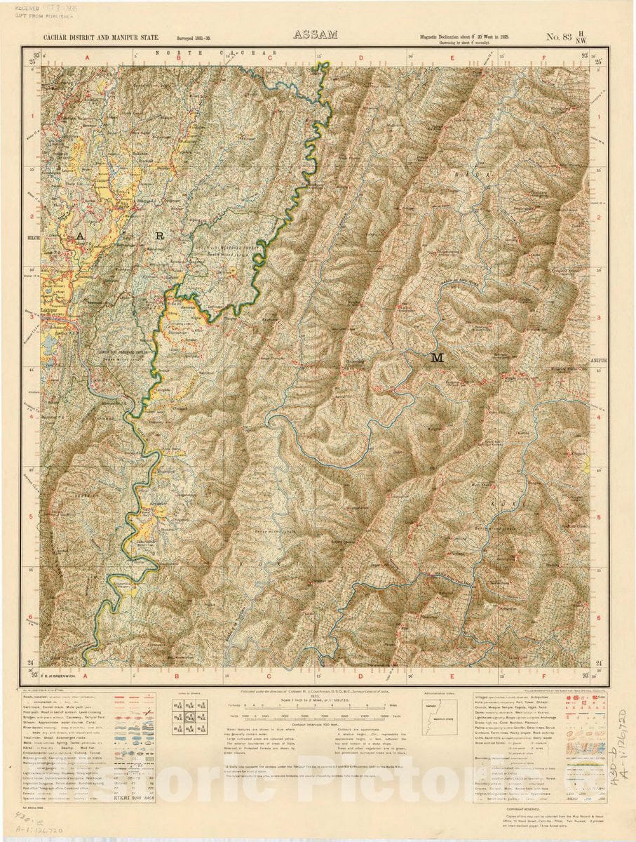 Map : Cachar District and Manipur State, Assam, No. 83 H/N.W. 1933, India and adjacent countries, Antique Vintage Reproduction