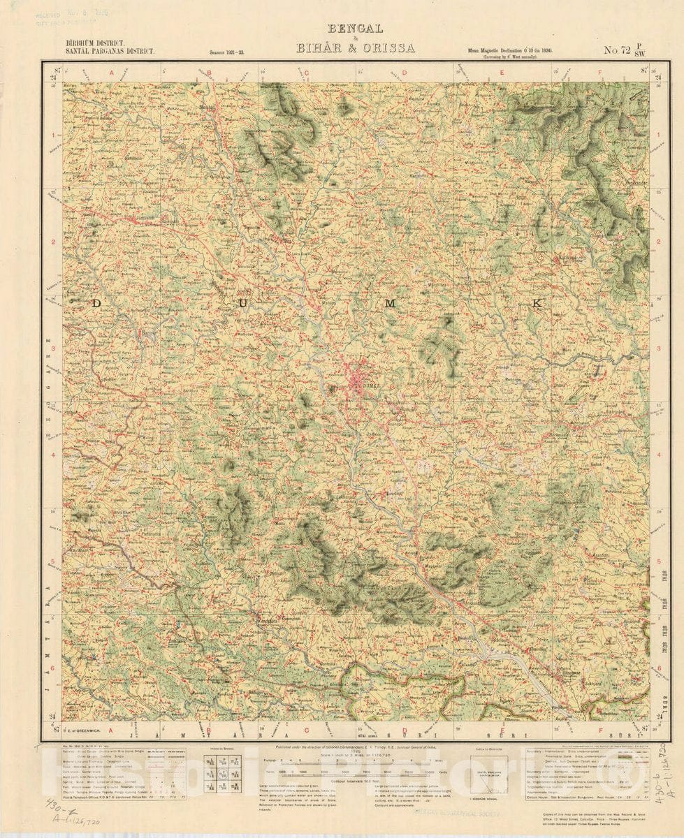 Map : Birbhum District, Santal Parganas District, Bengal & Bihar & Orissa, No. 72 P/S.W. 1925, India and adjacent countries, Antique Vintage Reproduction