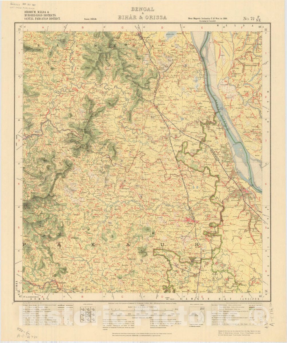 Historic Map : Birbhum, Malda & Murshidabad Districts, Santal Parganas District, Bengal & Bihar &Orissa, No. 72 P/N.E. 1926, India and adjacent countries, Antique Vintage Reproduction