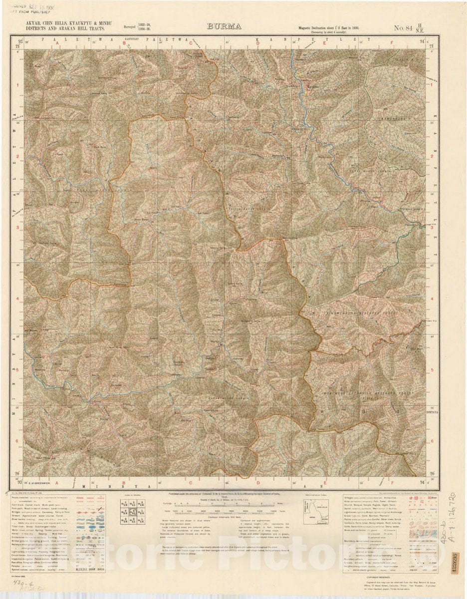 Map : Akyab, Chin Hills, Kyaukpyu & Minbu Districts and Arakan Hill Tracts, Burma, No. 84 H/N.E. 1935, India and adjacent countries, Antique Vintage Reproduction