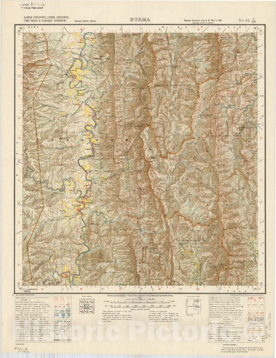 Map : Lower Chindwin, Upper Chindwin, Chin Hills & Pakokku Districts, Burma, No. 84 J/S.W. 1935, India and adjacent countries, Antique Vintage Reproduction