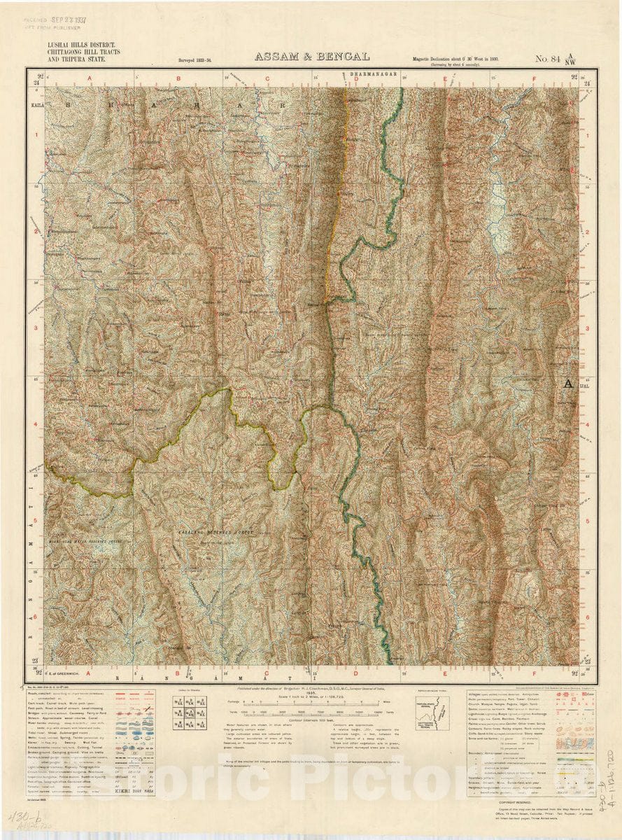 Map : Lushai Hills District. Chittagong Hill Tracts and Tripura State. Assam & Bengal No. 84 A/N.W. 1935, India and adjacent countries, Antique Vintage Reproduction