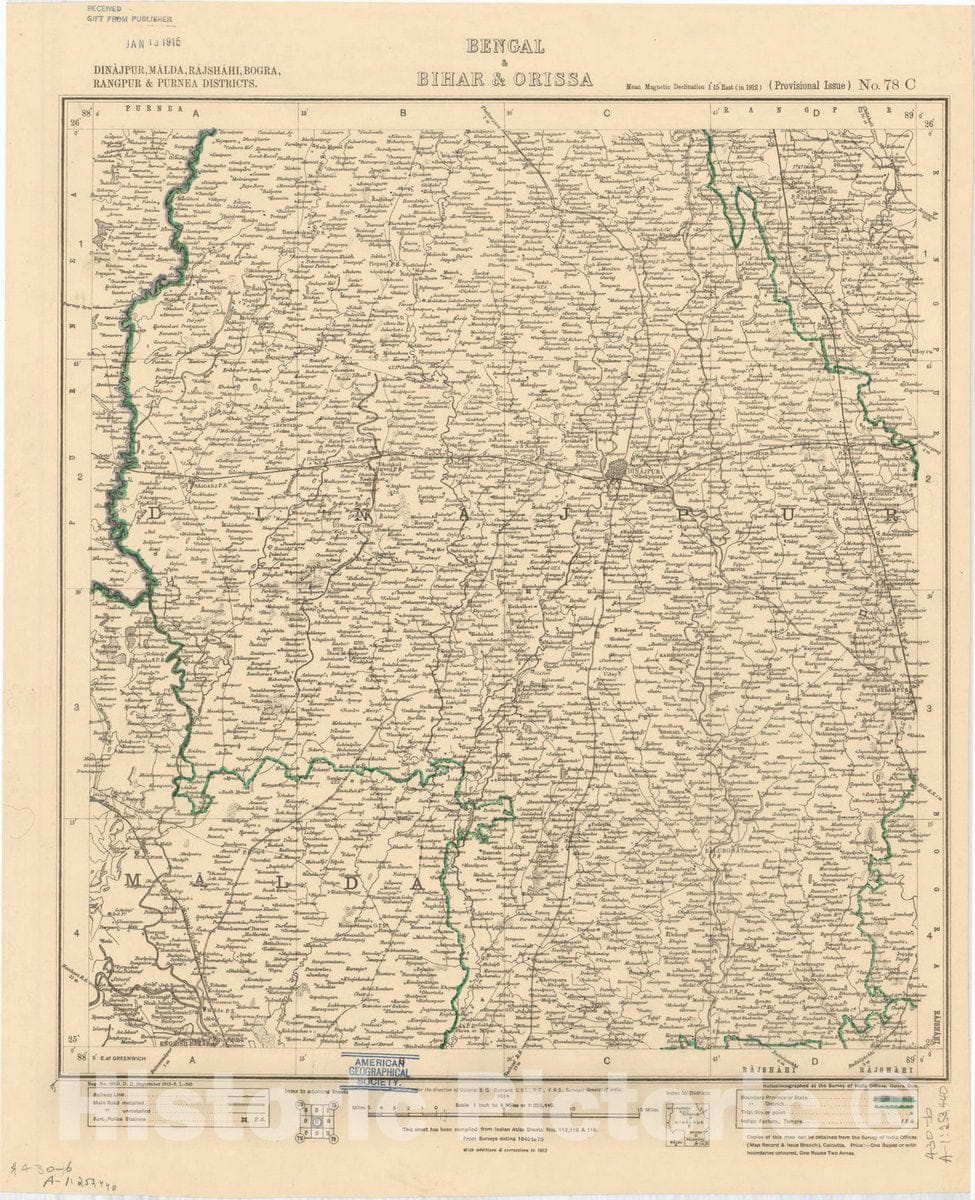 Map : Dinajpur, Malda, Rajshahi, Bogra, Rangpur & Purnea Districts, Bengal & Bihar & Orissa, No. 78 C 1914, India 1:253,440, Antique Vintage Reproduction