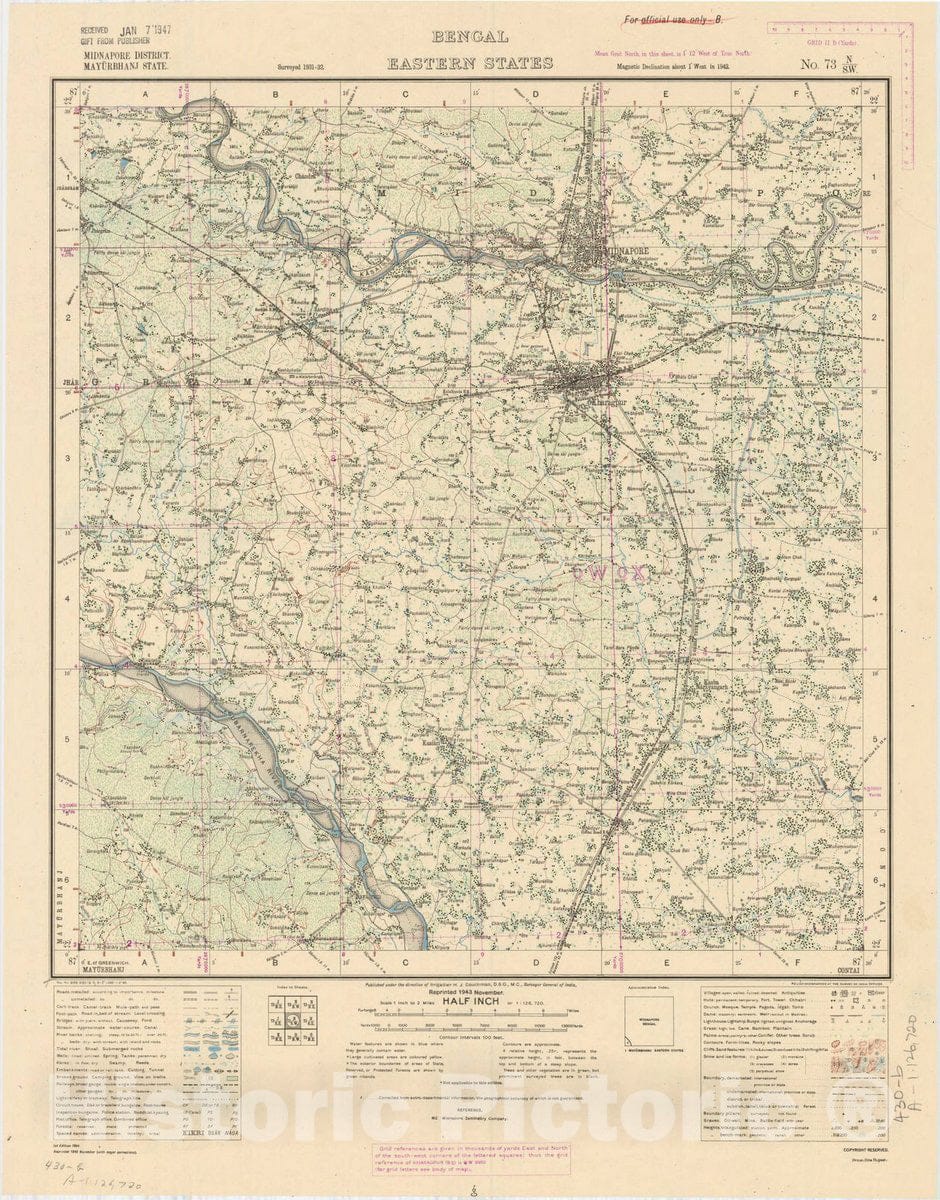 Map : Midnapore District, Mayurbhanj State, Bengal, eastern states, no. 73 N/S.W. 1943, India and adjacent countries, Antique Vintage Reproduction