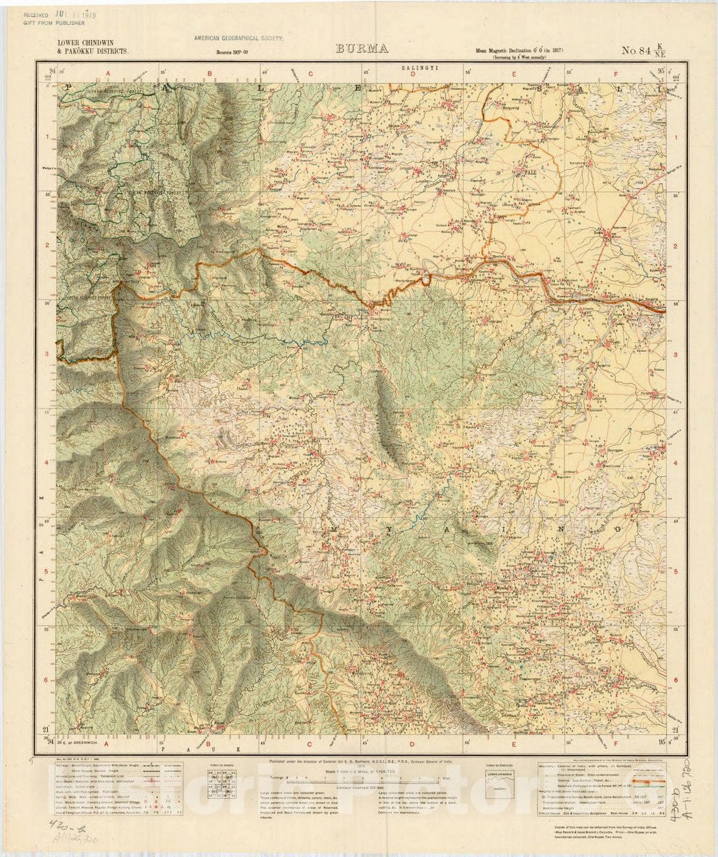 Map : Lower Chindwin & Pakokku Districts, Burma, No. 84 K/N.E. 1918, India and adjacent countries, Antique Vintage Reproduction