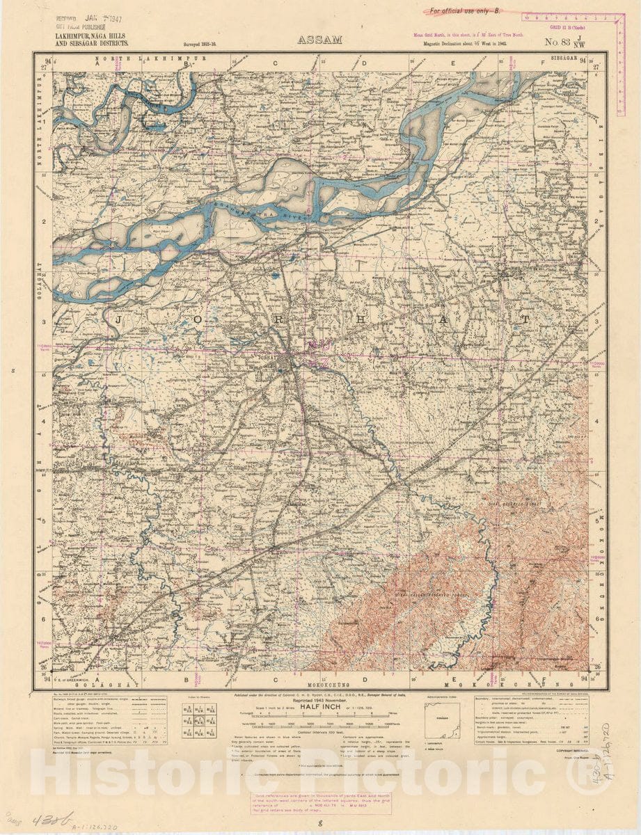 Map : Lakhimpur, Naga Hills and Sibsagar Districts, Assam, No. 83 J/N.W. 1943, India and adjacent countries, Antique Vintage Reproduction