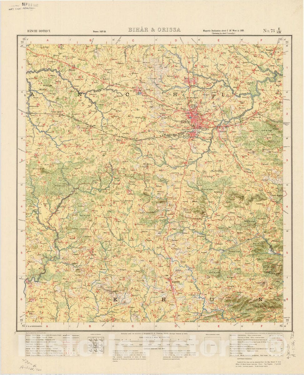 Map : Ranchi District, Bihar & Orissa, No. 73 E/S.W. 1931, India and adjacent countries, Antique Vintage Reproduction