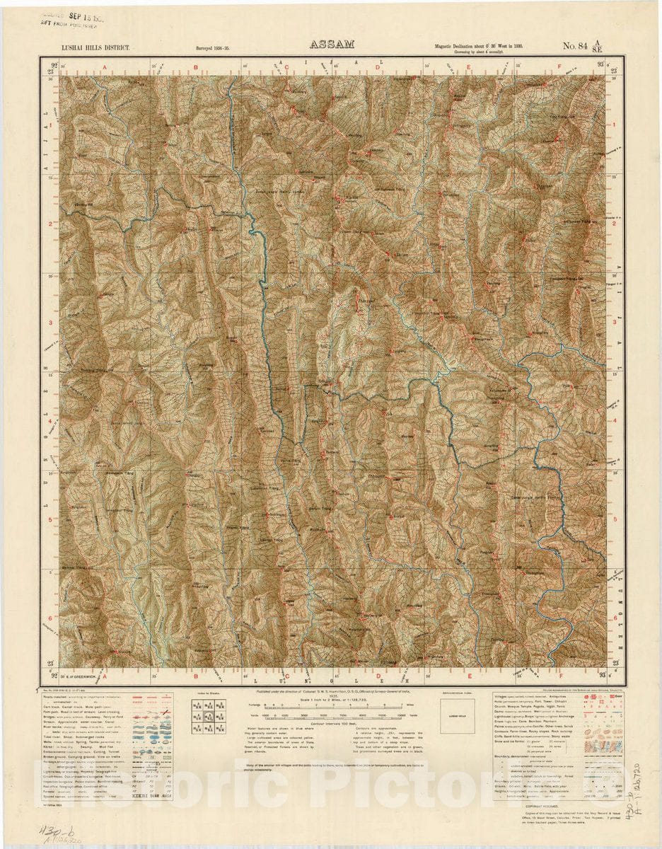 Map : Lushai Hills District. Assam No. 84 A/S.E. 1935, India and adjacent countries, Antique Vintage Reproduction