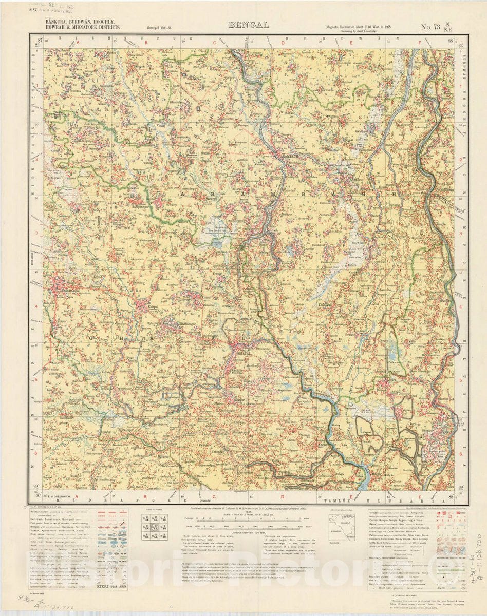 Map : Bankura, Burdwan, Hooghly, Howrah & Midnapore Districts, Bengal, No. 73 N. N.E. 1935, India and adjacent countries, Antique Vintage Reproduction