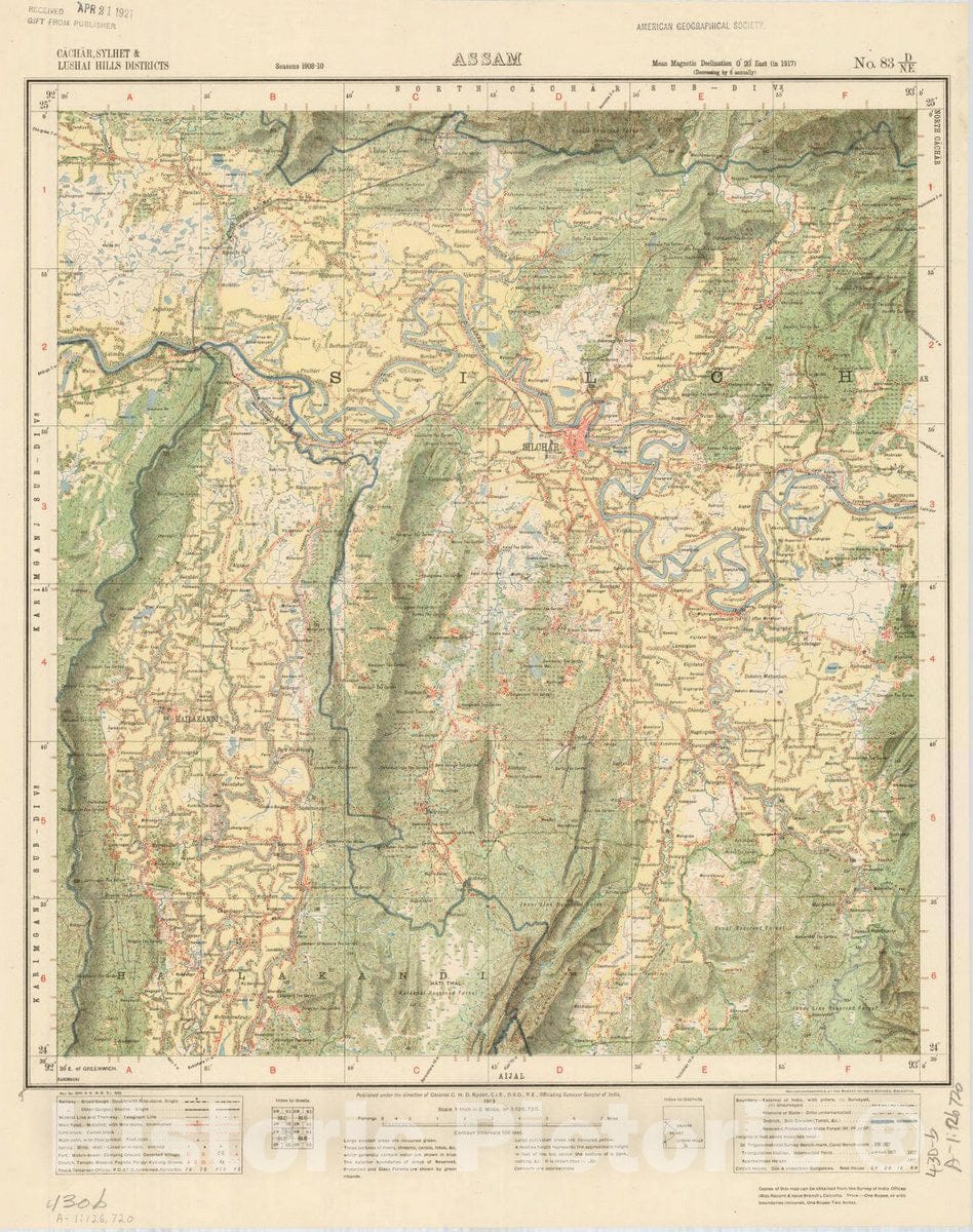 Map : Cachar, Sylhet & Lushai Hills Districts, Assam, No. 83 D/N.E. 1919 , India and adjacent countries, Antique Vintage Reproduction