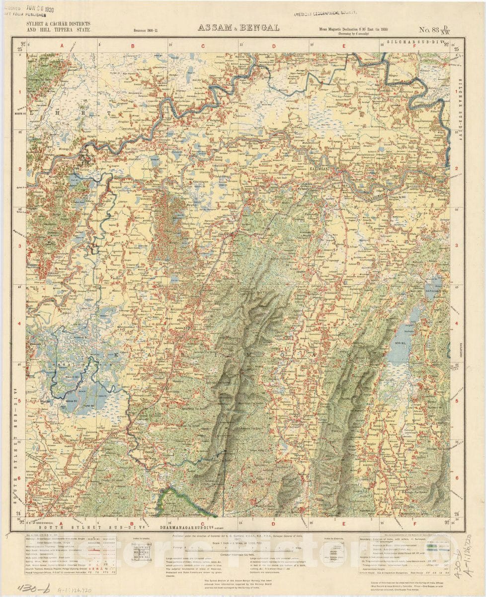 Map : Sylhet & Cachar Districts and Hill Tippera State, Assam & Bengal, No. 83 D/N.W. 1917, India and adjacent countries, Antique Vintage Reproduction