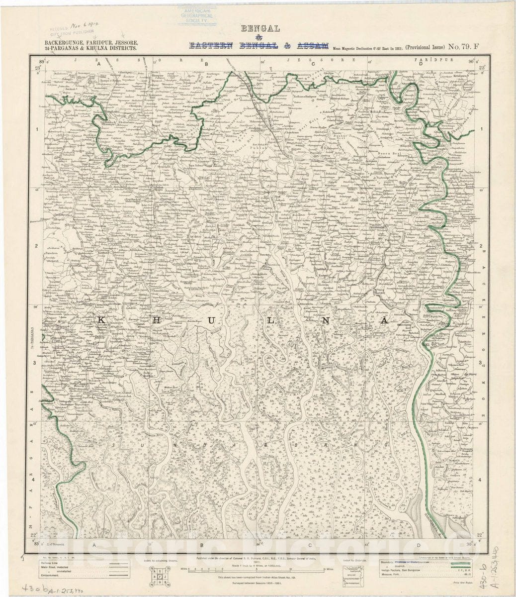 Map : Backergunge, Faridpur, Jessore, 24-Parganas & Khulna Districts, Bengal & Eastern Bengal & Assam, No. 79 F 1911, India 1:253,440, Antique Vintage Reproduction