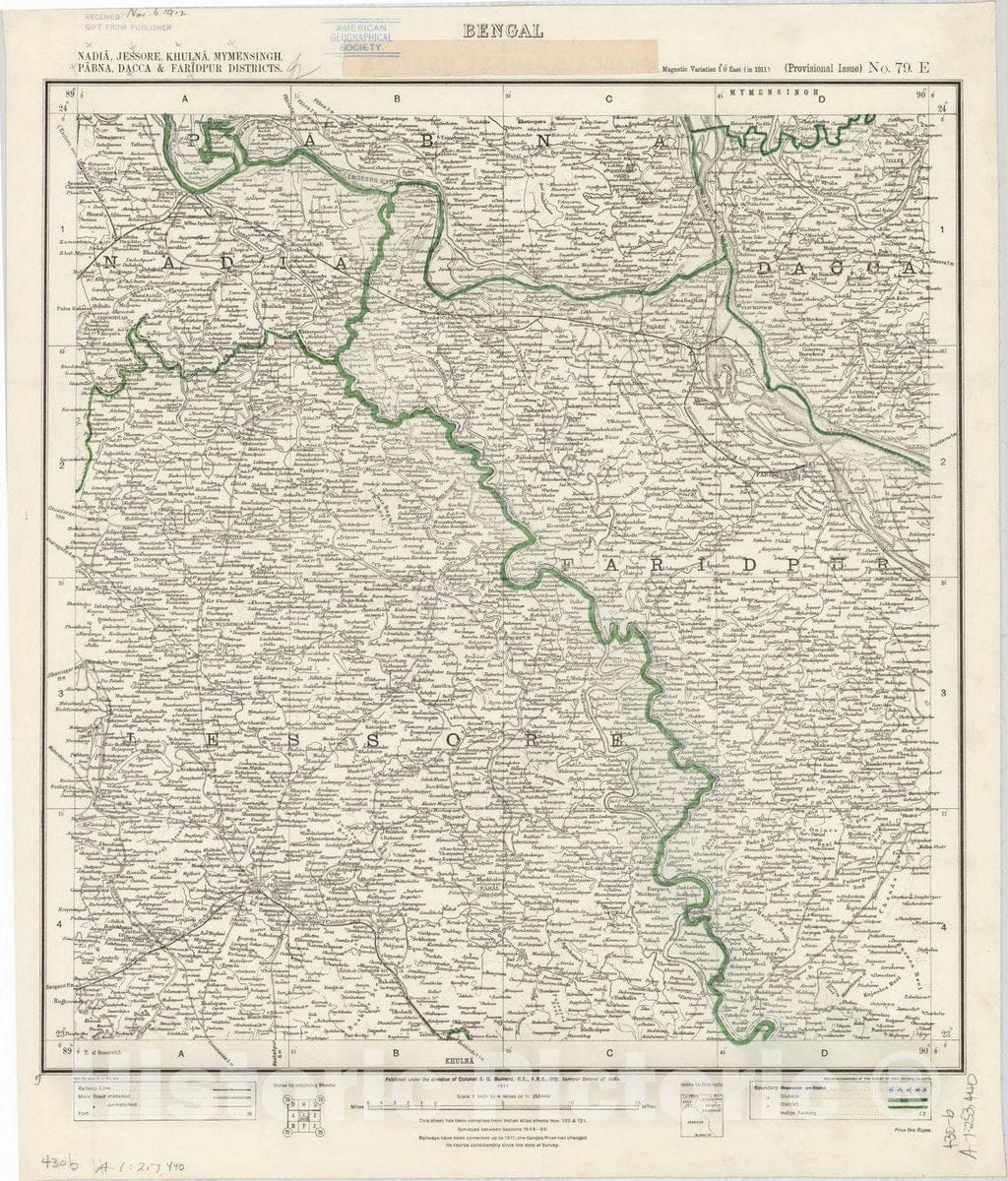 Map : Nadia, Jessore, Khulna, Mymensingh, Pabna, Dacca & Faridpur Districts, Bengal No. 79 E 1911, India 1:253,440, Antique Vintage Reproduction