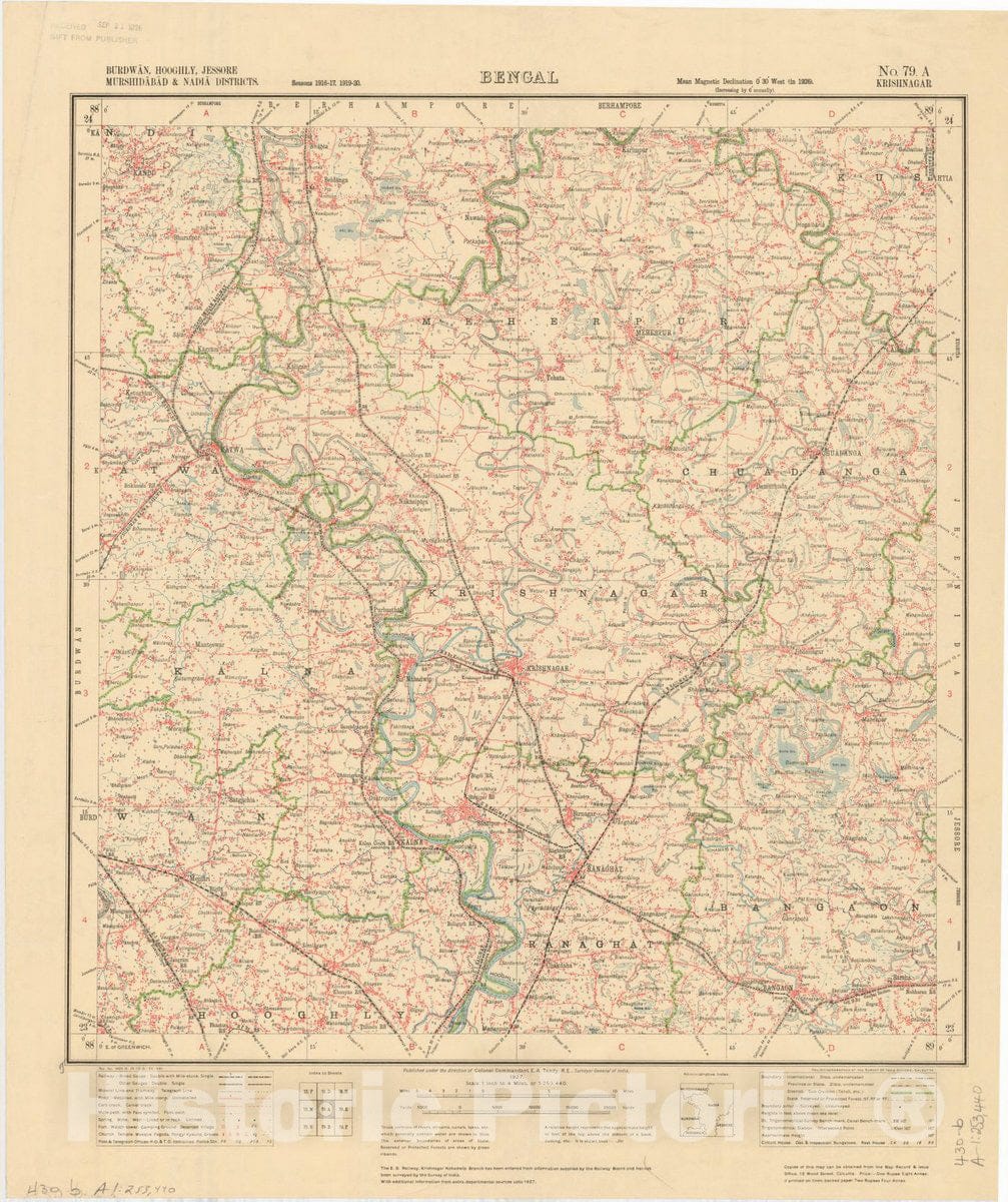 Map : Burdwan, Hoodhly, Jessore Murshidabad & Nadia Districts, Bengal, No. 79 A 1927, India 1:253,440, Antique Vintage Reproduction