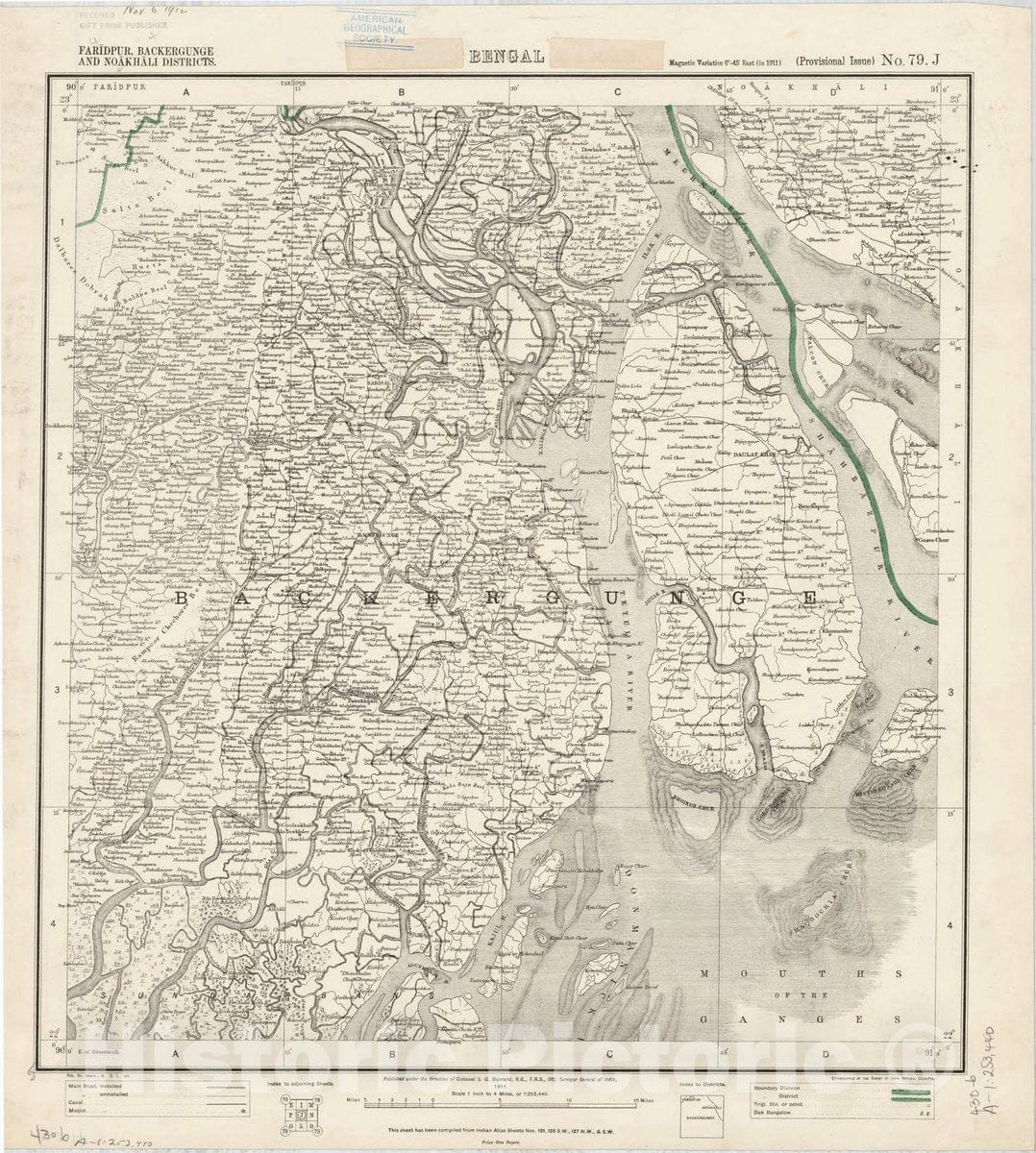 Map : Faridpur, Backergunge and Noakhali Districts, Bengal, No. 79 J 1911, India 1:253,440, Antique Vintage Reproduction