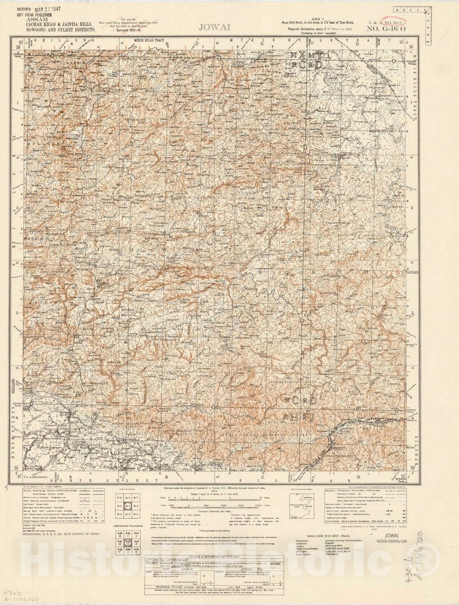 Map : Assam, Cachar, Khasi & Jaintia Hills, Nowgong andSylhet Districts, Jowai, No. 83 C 1943, India 1:253,440, Antique Vintage Reproduction