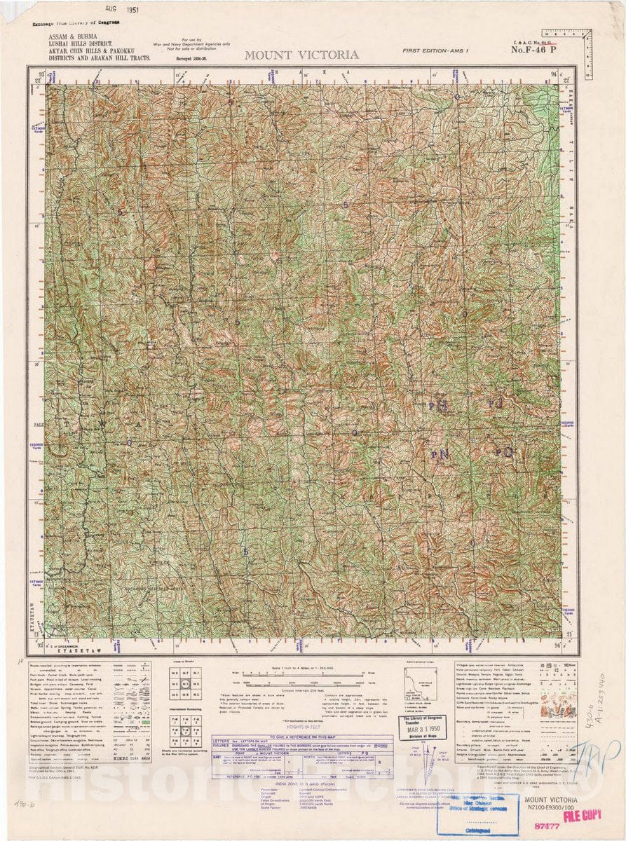 Map : Assam & Burma, Lushai Hills District, Akyab, Chin Hills & Pakokku Districts and Arakan Hill Tracts, Mount Victoria, No. 84 G 1943, India 1:253,440